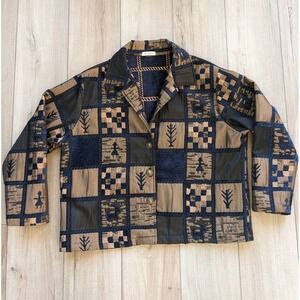 Vintage Patchwork Jacket Womens Large Blazer Metallic Brown Blue Color Block
